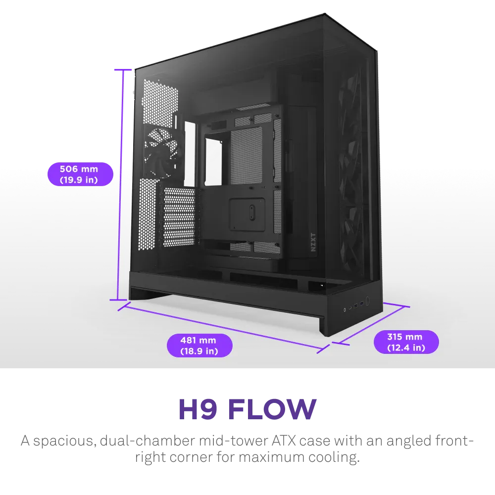 NZXT H9 Flow (2025) Large Dual-Chamber ATX Mid-Tower Airflow PC Case (Black) overview 1