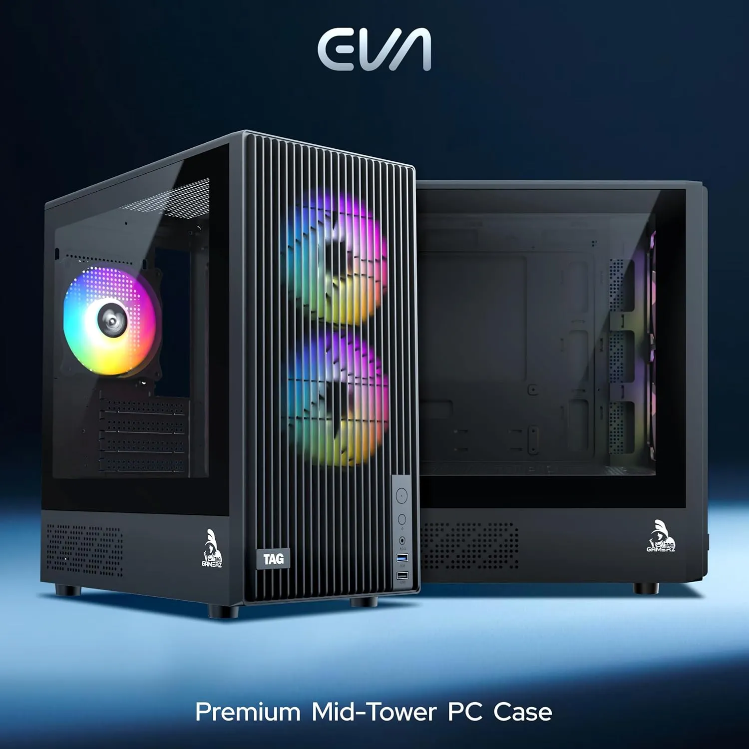 TAG Gamerz EVA Mid-Tower Computer PC Case/Gaming Cabinet, Front Mesh Panel, 3x Pre-Installed ARGB Fans | Supports M-ATX, ITX | 240mm Radiator Support | 4mm Tempered Glass, Supports Up to 8 Fans -Black overview 1
