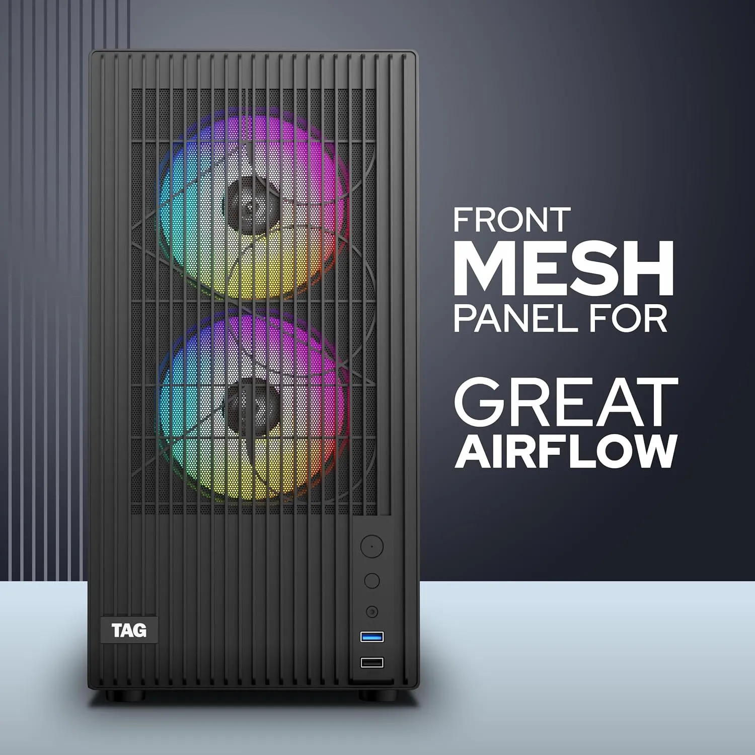 TAG Gamerz EVA Mid-Tower Computer PC Case/Gaming Cabinet, Front Mesh Panel, 3x Pre-Installed ARGB Fans | Supports M-ATX, ITX | 240mm Radiator Support | 4mm Tempered Glass, Supports Up to 8 Fans -Black overview 2