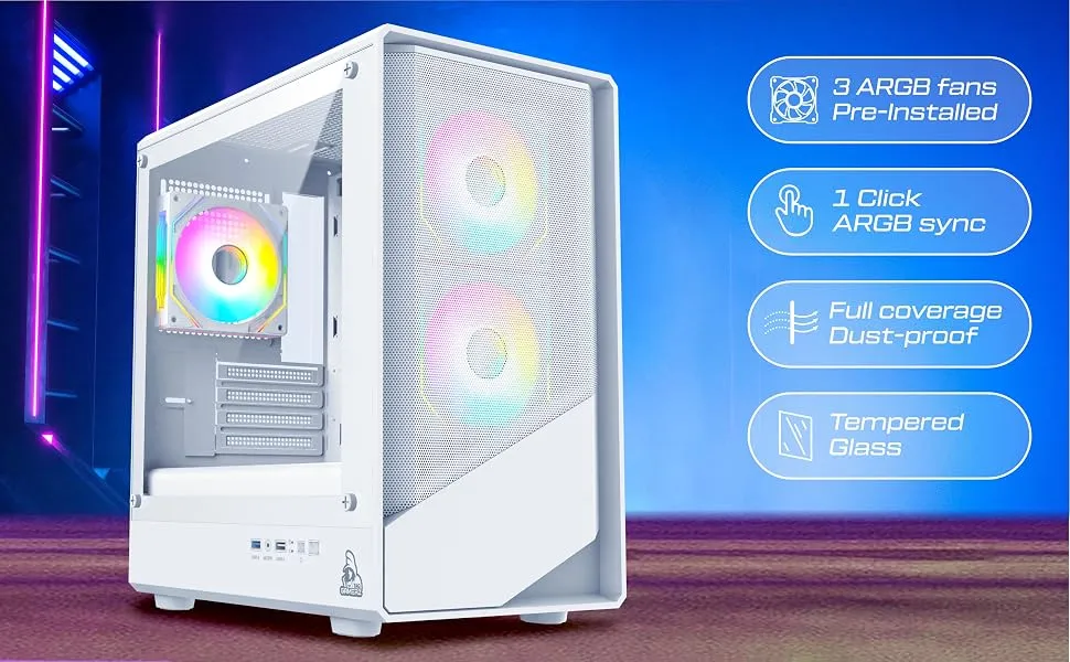 TAG Gamerz Starlight ARGB Mid-Tower M-ATX Gaming Cabinet (White) overview 2