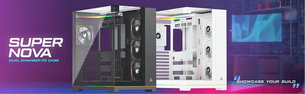 TAG Gamerz Supernova Mid-Tower Computer Case/Gaming Cabinet with 3 Side Glass Panoramic View| Pre-Installed 7 ARGB PWM Fans | Anti Sag Bracket | Support Reverse Connection motherboards PC CASE Black overview 1