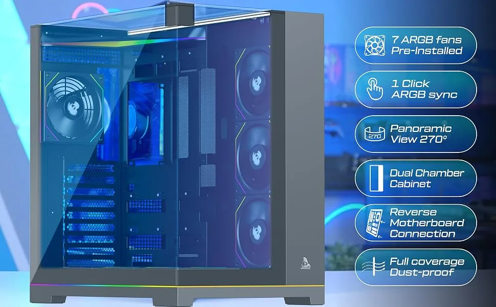 TAG Gamerz Supernova Mid-Tower Computer Case/Gaming Cabinet with 3 Side Glass Panoramic View| Pre-Installed 7 ARGB PWM Fans | Anti Sag Bracket | Support Reverse Connection motherboards PC CASE Black overview 2
