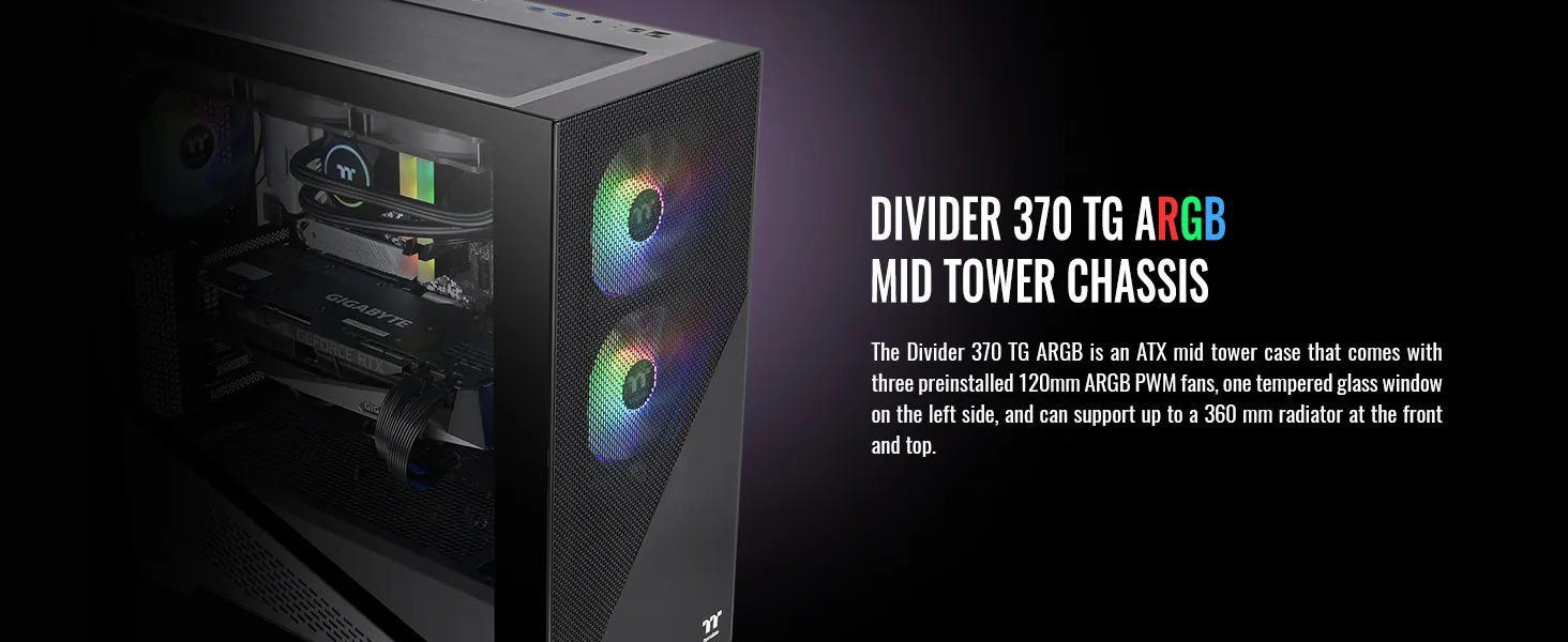 Thermaltake Divider 370 TG ARGB Mid Tower Chassis (Black) overview 2