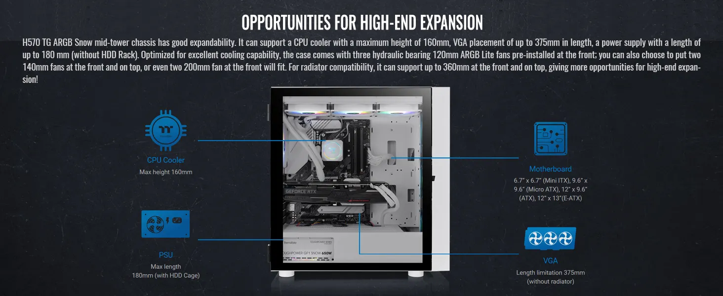 Thermaltake H570 TG ARGB Snow (E-ATX) Mid Tower Cabinet (White) overview 13