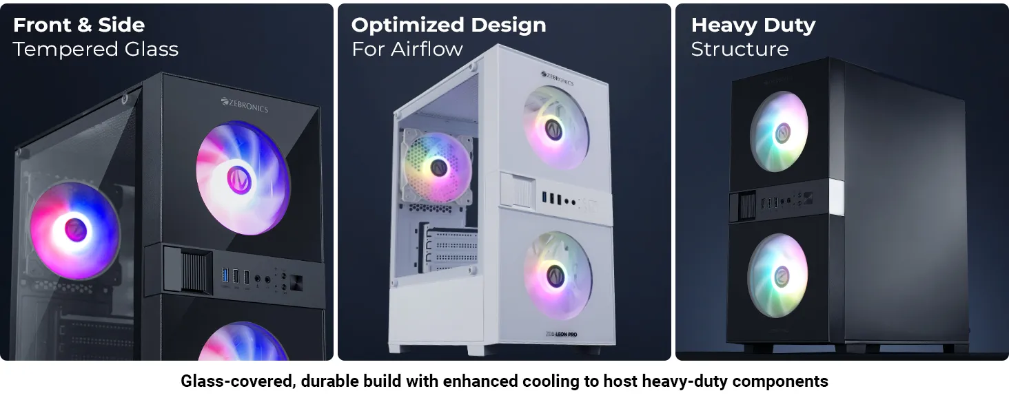 ZEBRONICS Leon PRO Premium Gaming Cabinet/Case, Mini-Tower, Supports mATX | ITX, 3 Pre-Installed RGB Fans, Side Tempered Glass, USB 3.0, Magnetic Dust Filter (Black) overview 2