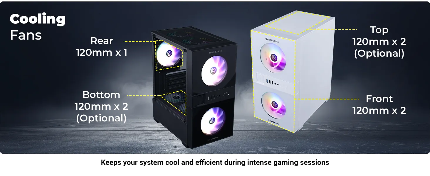 ZEBRONICS Leon PRO Premium Gaming Cabinet/Case, Mini-Tower, Supports mATX | ITX, 3 Pre-Installed RGB Fans, Side Tempered Glass, USB 3.0, Magnetic Dust Filter (Black) overview 4