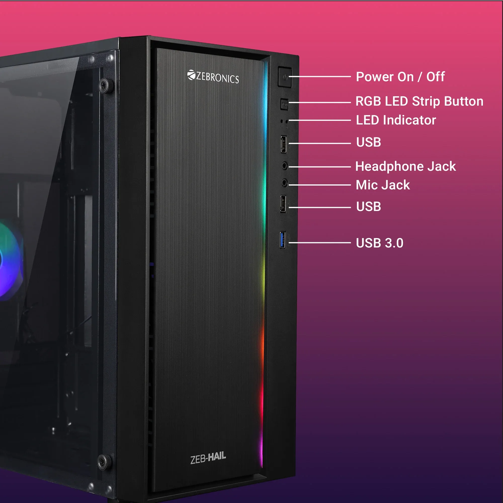 ZEBRONICS Zeb-Hail Mid-Tower Premium Gaming Cabinet-Black overview 3