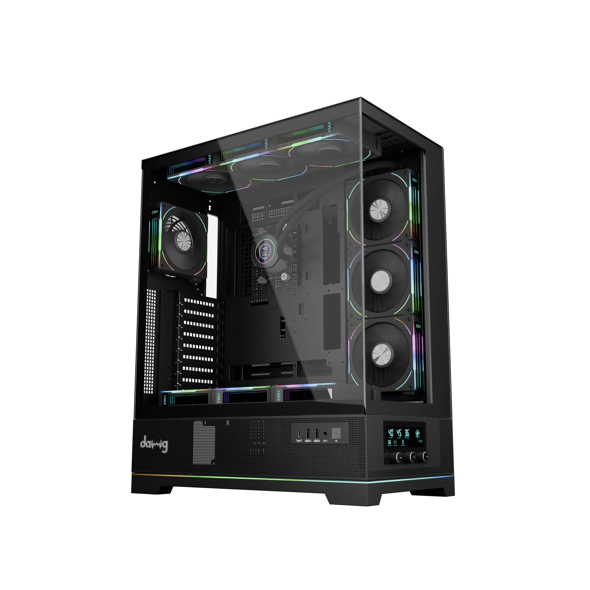 daWg Y' Series 990 Mid-Tower Glass Gaming Cabinet/Case, Pre-Installed 360mm Display AIO, 10 RPM Indicator Fans, Control Dashboard, Support Vertical GPU, EATX, ATX, mATX, Mini ITX, ARGB, USB-C (Black) overview 1