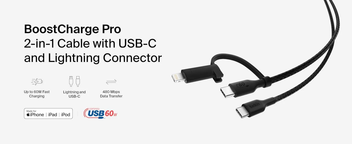 Belkin BoostCharge 2-in-1 USB-C Charging Cable w/USB-C & Lightning Connector - Braided Fast-Charging Cable, Multi-Charging Combo Cord for Apple iPhone, iPad, Samsung, MacBook, & More - White overview 1