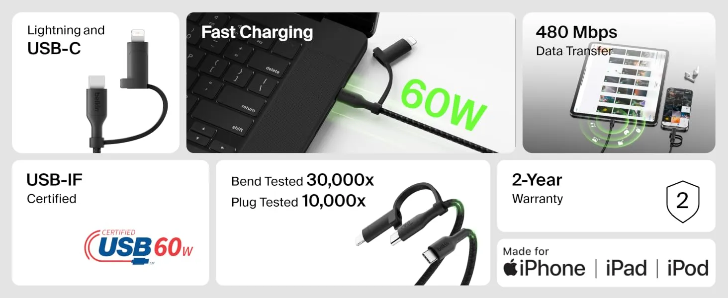 Belkin BoostCharge 2-in-1 USB-C Charging Cable w/USB-C & Lightning Connector - Braided Fast-Charging Cable, Multi-Charging Combo Cord for Apple iPhone, iPad, Samsung, MacBook, & More - White overview 2