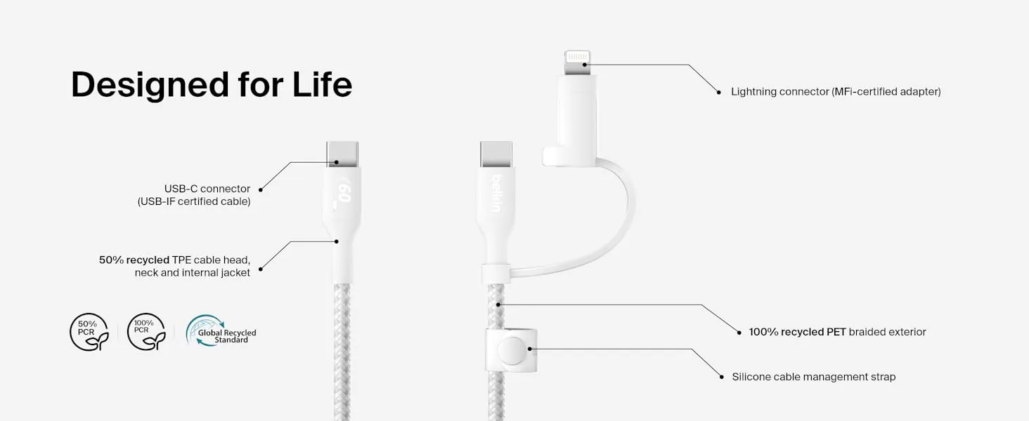 Belkin BoostCharge 2-in-1 USB-C Charging Cable w/USB-C & Lightning Connector - Braided Fast-Charging Cable, Multi-Charging Combo Cord for Apple iPhone, iPad, Samsung, MacBook, & More - White overview 3