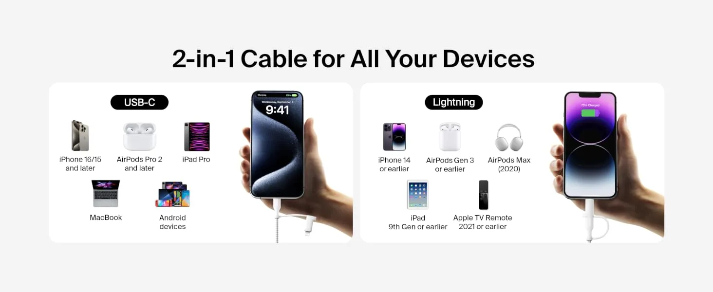 Belkin BoostCharge 2-in-1 USB-C Charging Cable w/USB-C & Lightning Connector - Braided Fast-Charging Cable, Multi-Charging Combo Cord for Apple iPhone, iPad, Samsung, MacBook, & More - White overview 4
