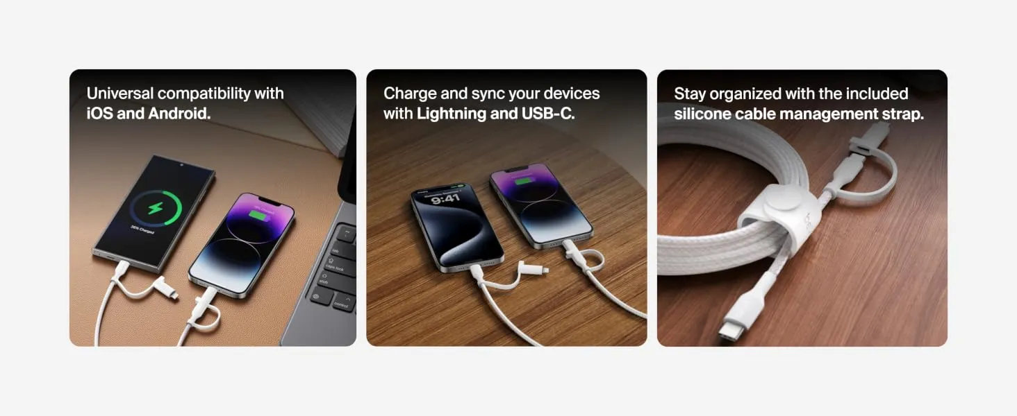 Belkin BoostCharge 2-in-1 USB-C Charging Cable w/USB-C & Lightning Connector - Braided Fast-Charging Cable, Multi-Charging Combo Cord for Apple iPhone, iPad, Samsung, MacBook, & More - White overview 7