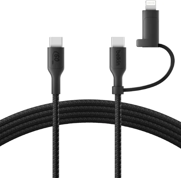Belkin BoostCharge 2-in-1 USB-C Charging Cable w/USB-C & Lightning Connector - Braided Fast-Charging Cable, Multi-Charging Combo Cord for Apple iPhone, iPad, Samsung, MacBook, & More - White