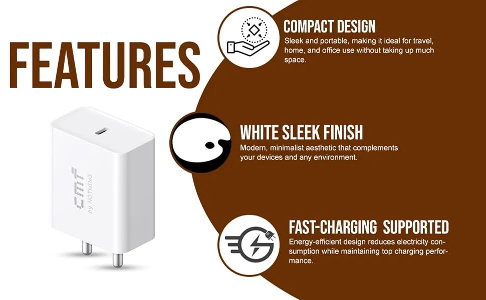 CMF by Nothing 33W Type-C Power Fast Charger Adapter | Compatible with CMF Phone 1, Nothing Phone 2a Plus, Phone 2a, Phone 2, Phone 1 | Quick Charge 3A Wall Charging for Android (White, Without Cable) overview 2