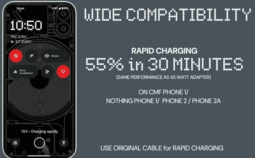 CMF by Nothing 33W Type-C Power Fast Charger Adapter | Compatible with CMF Phone 1, Nothing Phone 2a Plus, Phone 2a, Phone 2, Phone 1 | Quick Charge 3A Wall Charging for Android (White, Without Cable) overview 3