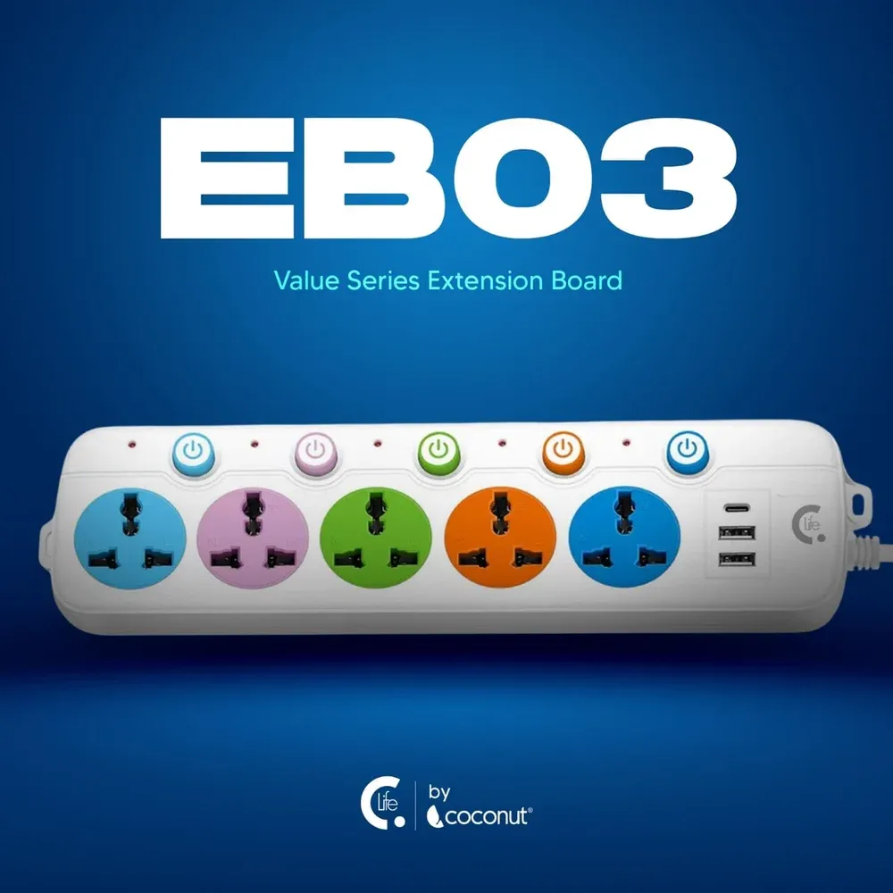 Coconut EB03, 5 Sockets, USB & Type-C, 3m Cable, LED & Switch Control overview 1