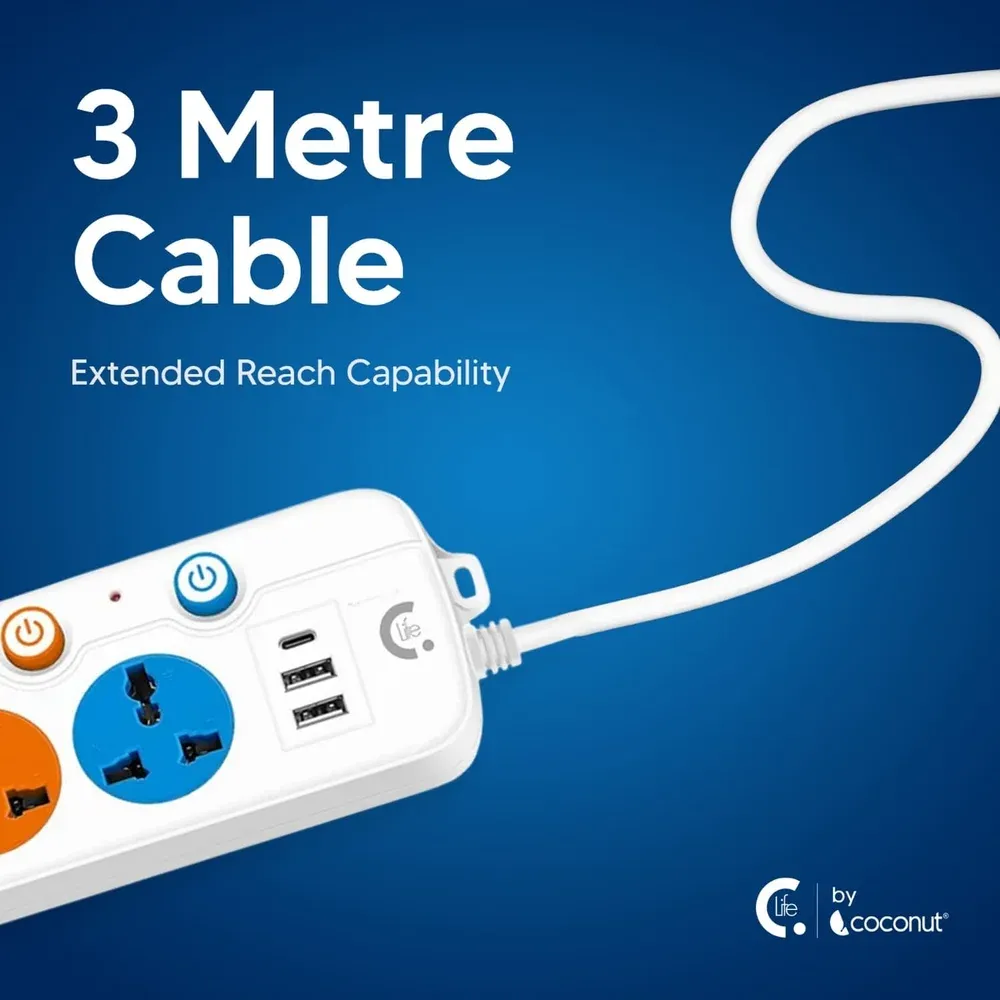 Coconut EB03, 5 Sockets, USB & Type-C, 3m Cable, LED & Switch Control overview 3