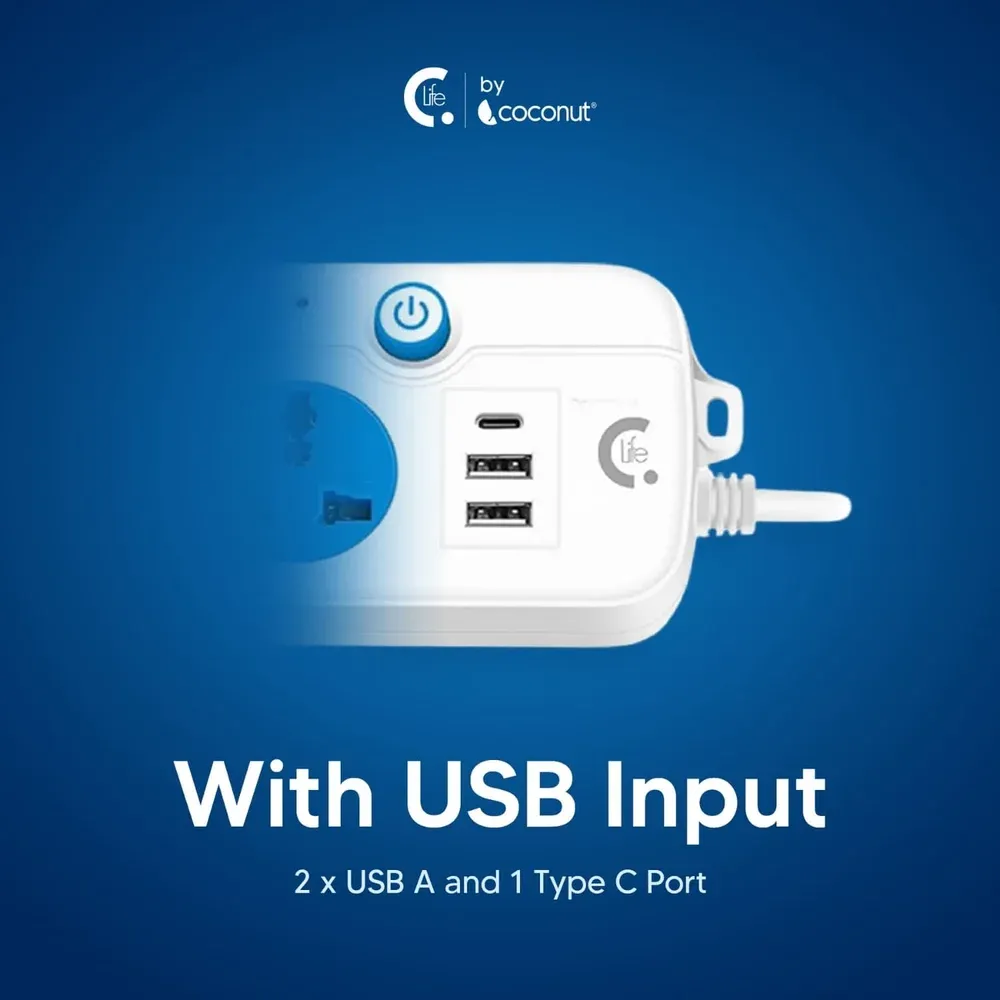 Coconut EB03, 5 Sockets, USB & Type-C, 3m Cable, LED & Switch Control overview 4