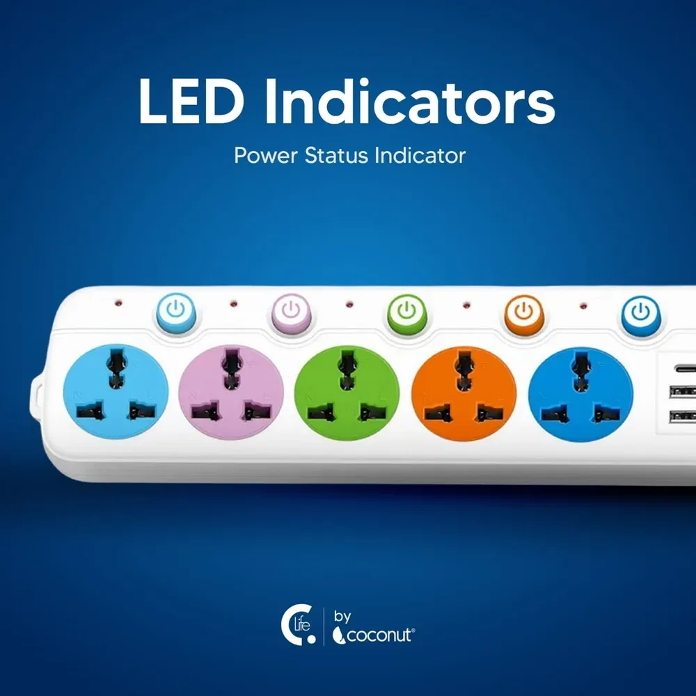 Coconut EB03, 5 Sockets, USB & Type-C, 3m Cable, LED & Switch Control overview 5