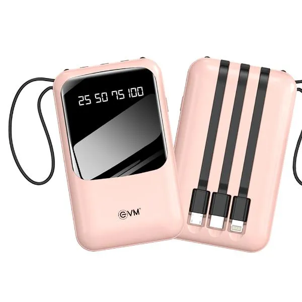 EVM EnCase Mini 10000mAh Power Bank with 4 Built-in Charging Cables - Lightning, Type C, Micro USB & USB - Fast Charging with 12W Output, for All Smartphones (2 Year Warranty), Pink (EVM P0307)