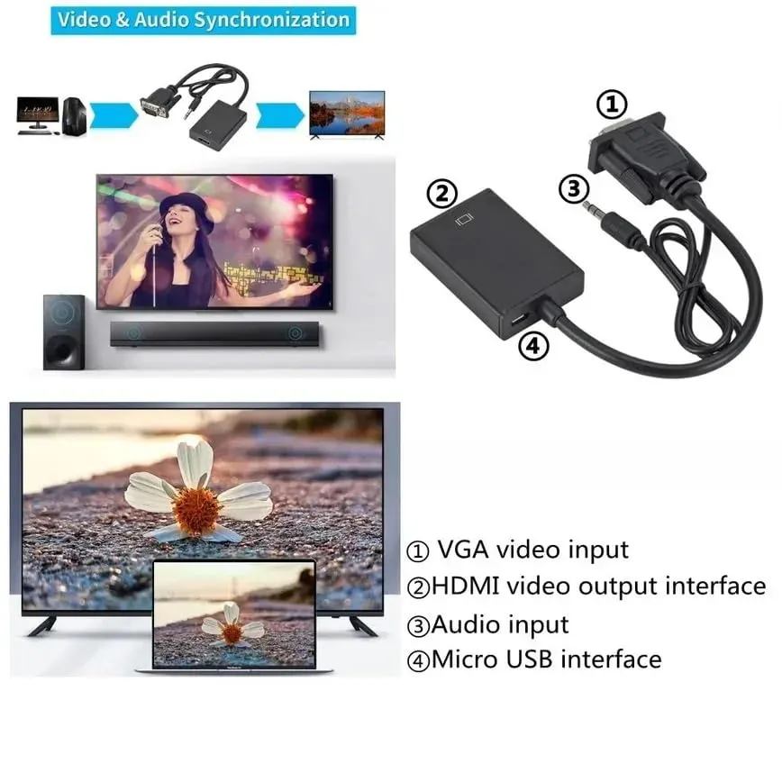HAMMOK Simon VGA to HDMI Converter Adapter Cable 15 Pin Male to Female Full HD 1080P with Audio and Micro USB Power overview 3