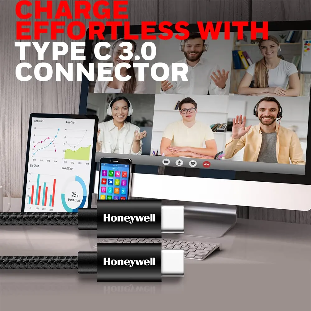 Honeywell Type C To Type C Braided Sync & Fast Charging Cable (Black) overview 10