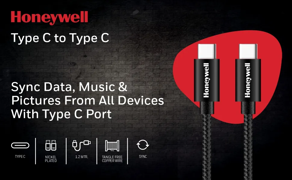 Honeywell Type C To Type C Braided Sync & Fast Charging Cable (Black) overview 7