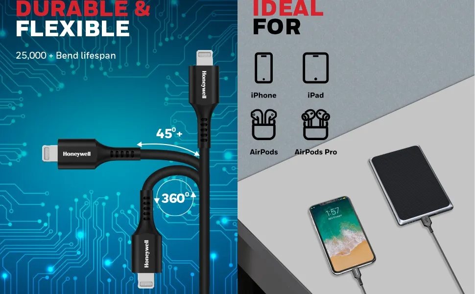 Honeywell Usb to Lightning Cable 1.8 Meter (Silicone Cable) – Black overview 10