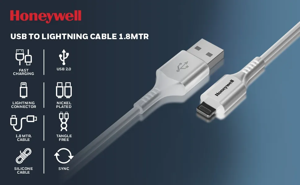Honeywell Usb to Lightning Cable 1.8 Meter (Silicone Cable) – White overview 1