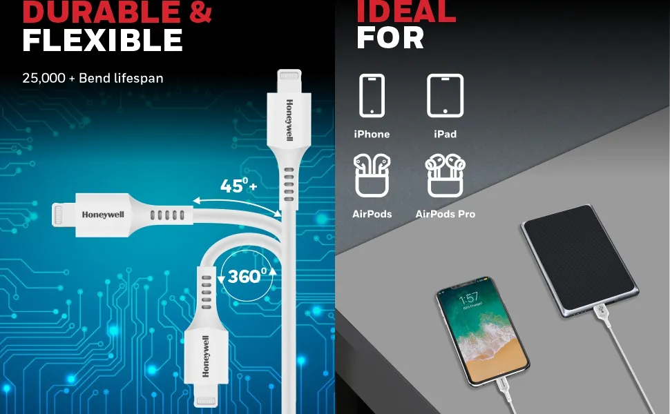 Honeywell Usb to Lightning Cable 1.8 Meter (Silicone Cable) – White overview 4