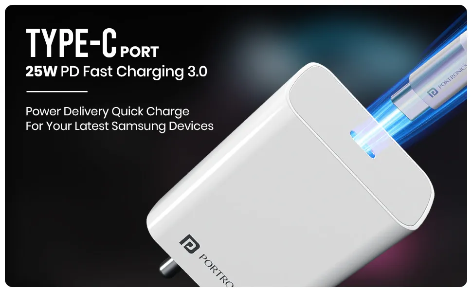 Portronics Adapto 25 Pro 25W Fast Charging Type C Adapter with Type C Charging Cable (White) overview 2
