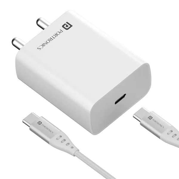 Portronics Adapto 25 Pro 25W Fast Charging Type C Adapter with Type C Charging Cable (White)