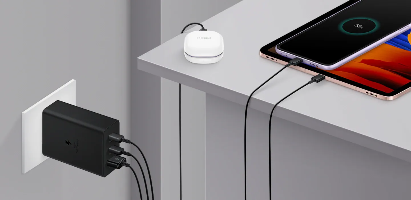 Samsung Original 65W Tri Port, Type-C & USB-A, Super Fast Charger (Cable not Included) Black, Tablet overview 1