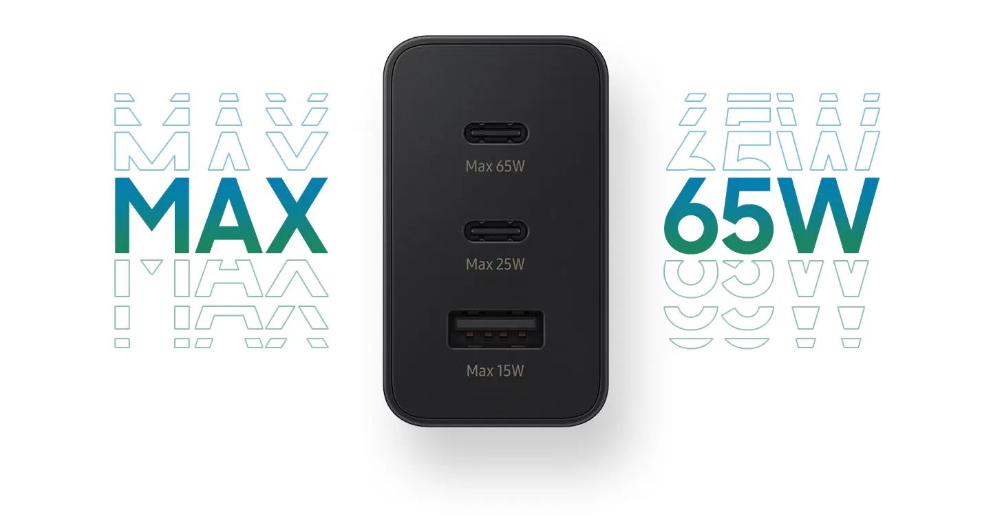 Samsung Original 65W Tri Port, Type-C & USB-A, Super Fast Charger (Cable not Included) Black, Tablet overview 2