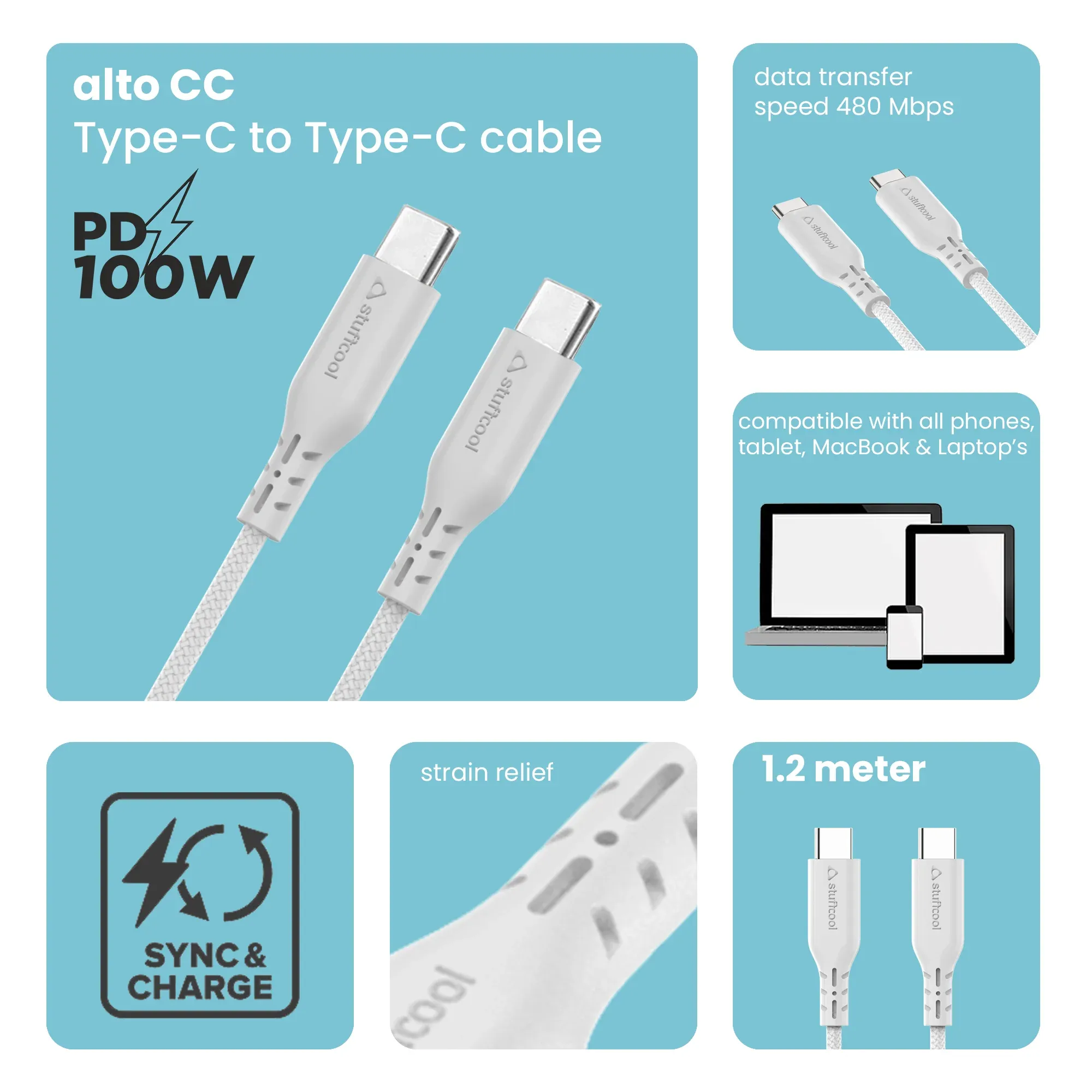 Stuffcool Alto C To C 100W 5A Cable fast USB C to C compatible for MacBooks , Laptops and Upto Galaxy S23 Series overview 1