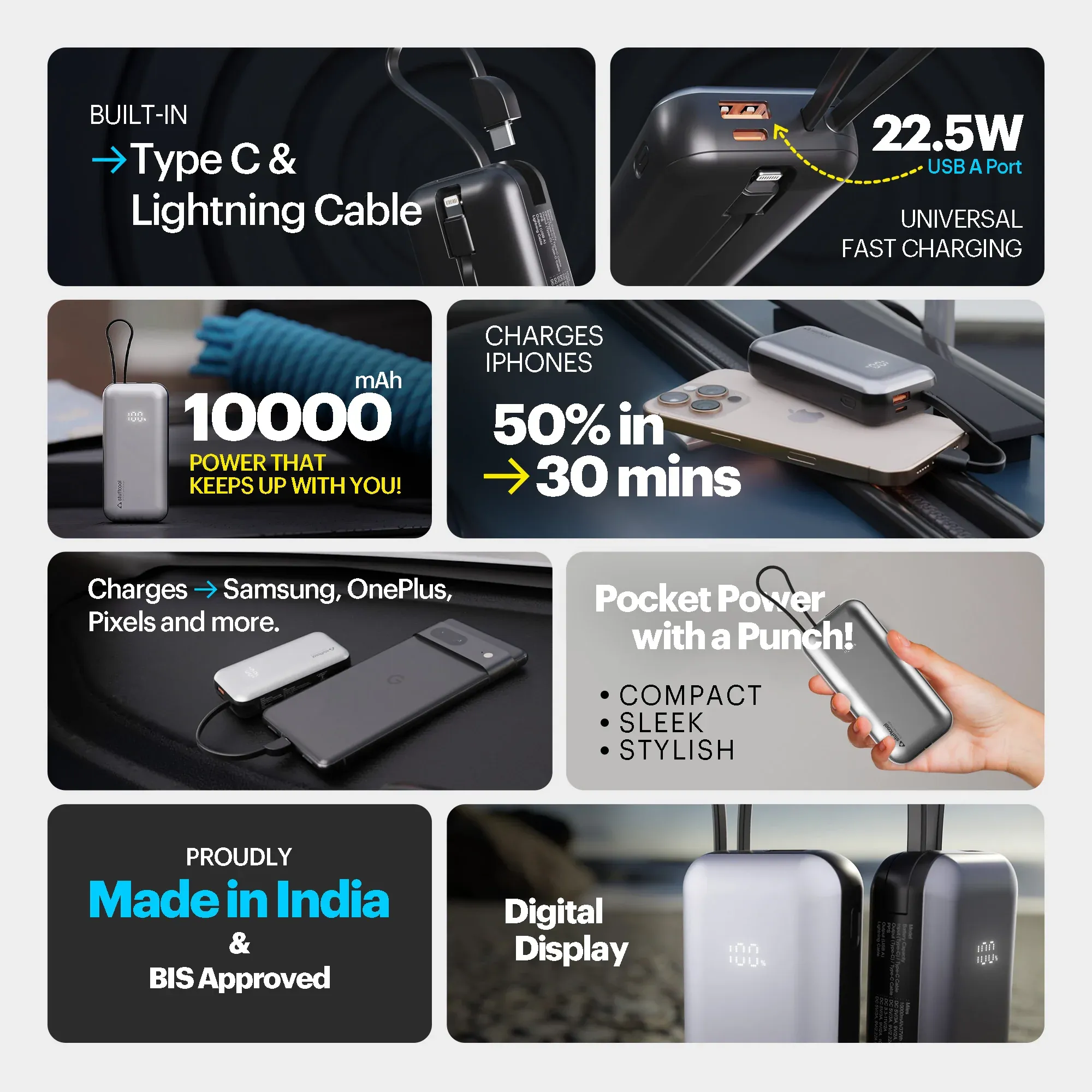 Stuffcool Miles 10000mAH Powerbank with built-in Type-C and Lightning cable overview 1