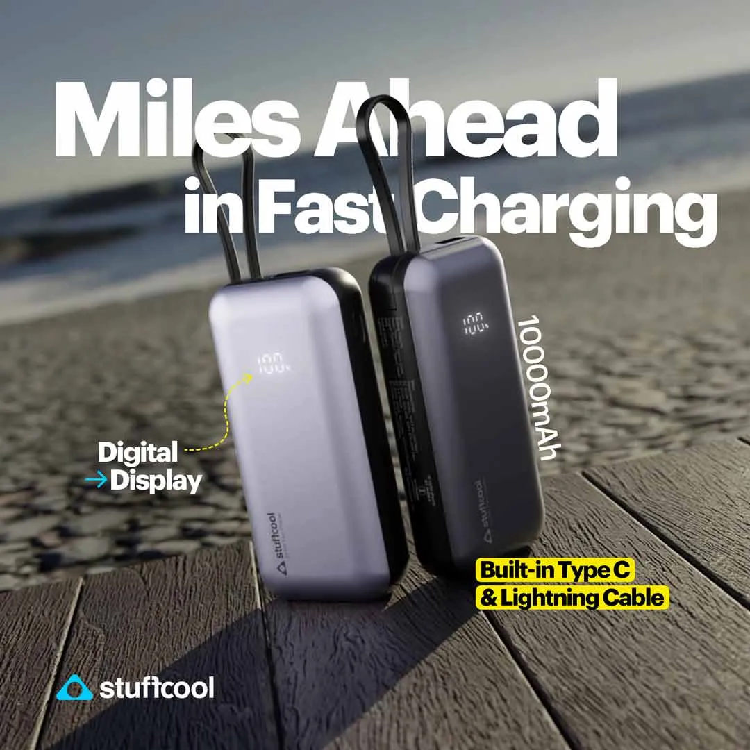 Stuffcool Miles 10000mAH Powerbank with built-in Type-C and Lightning cable overview 2