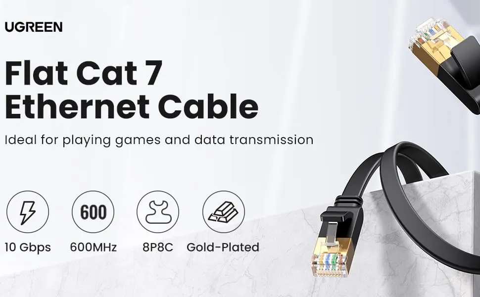 UGREEN 11261 Ultra Durable High Performance Flat Cat7 Shielded Ethernet Patch Cable 10Gbps 600Mhz S/STP Molded Network Lan Cable Stranded Copper 2 Meter overview 1
