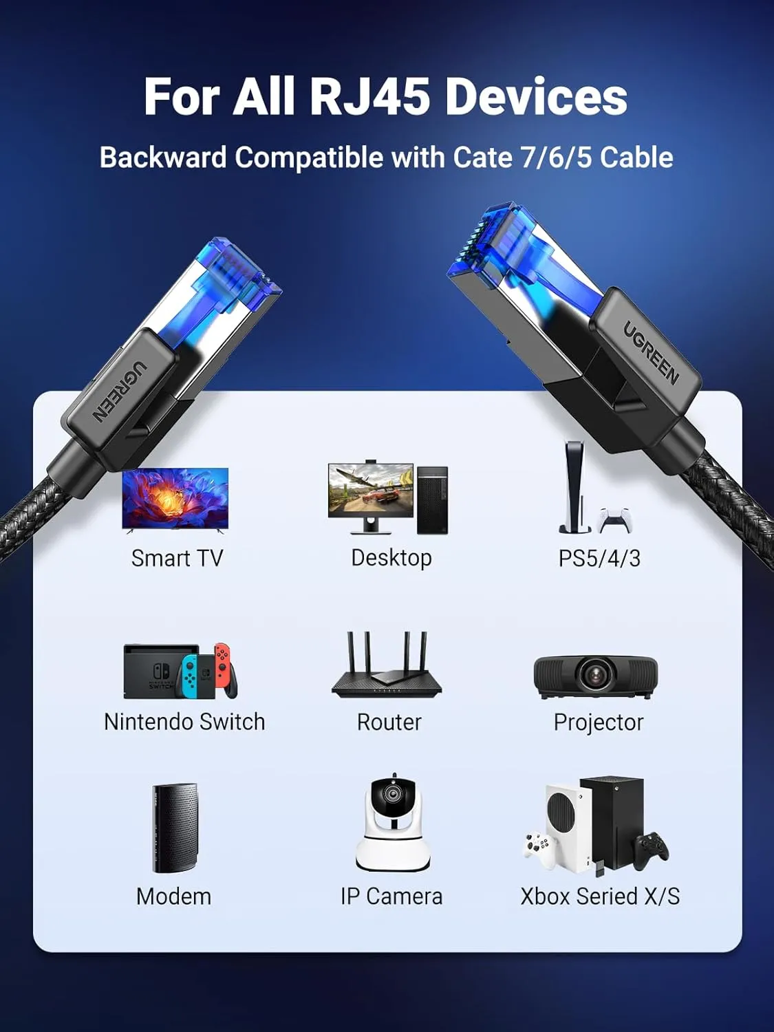UGREEN Cat 8 Ethernet Cable High Speed Braided 40Gbps 2000Mhz Network Cord Cat8 RJ45 Shielded Indoor Heavy Duty LAN Cables Compatible for Gaming PC PS5 PS4 PS3 Xbox Modem Router 6FT overview 7