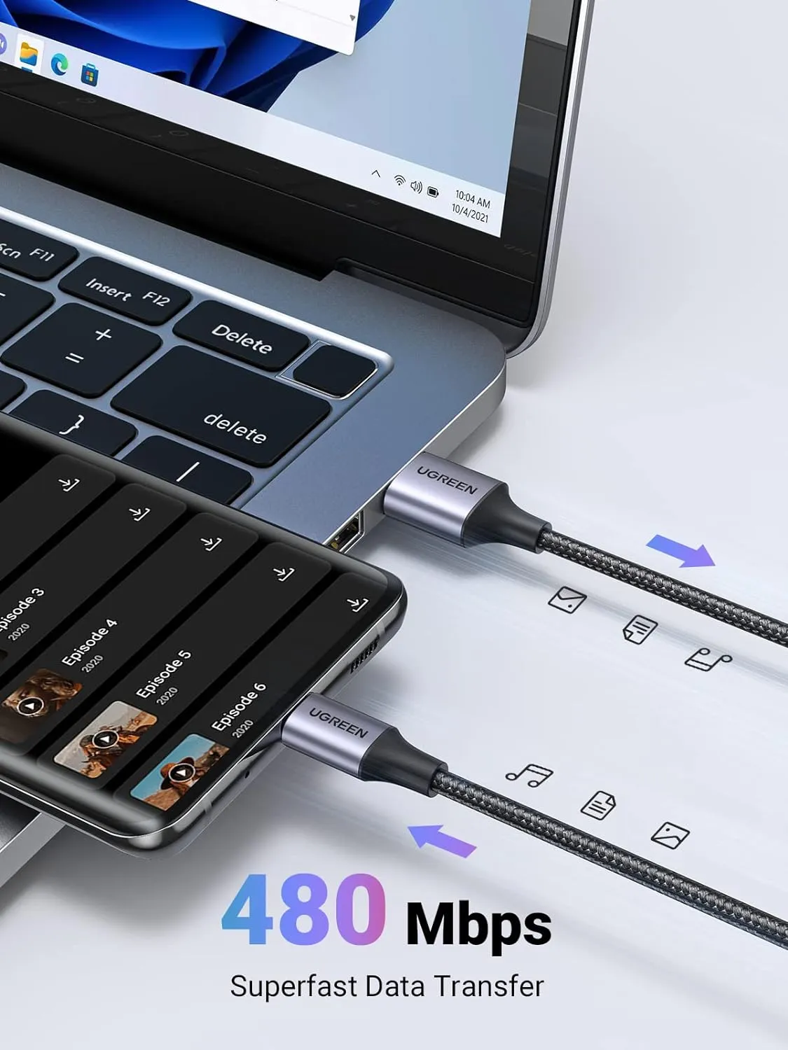 UGREEN US288 USB-A 2.0 to USB-C Cable Nickel Plating Aluminum Braid 1m (White)-60131 overview 5