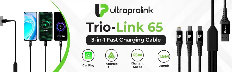 ULTRAPROLINK 3-in-1 Fast USB-A to Dual Type-C + iPhone Connector Charging Cable 65W (UL1236BLK-0150) overview 1