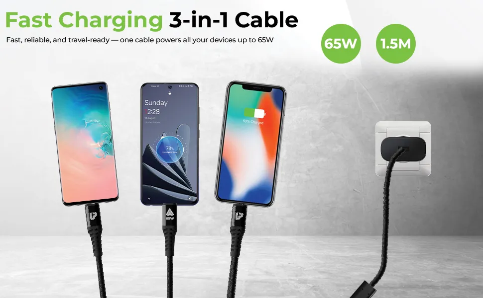 ULTRAPROLINK 3-in-1 Fast USB-A to Dual Type-C + iPhone Connector Charging Cable 65W (UL1236BLK-0150) overview 5