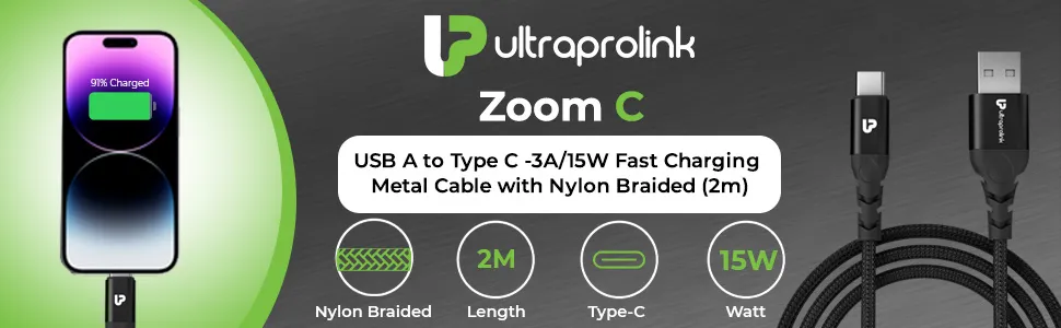 ULTRAPROLINK Zoom 3A-15W USB-A to C Fast charging Cable (UL1067BLK-0200) overview 1
