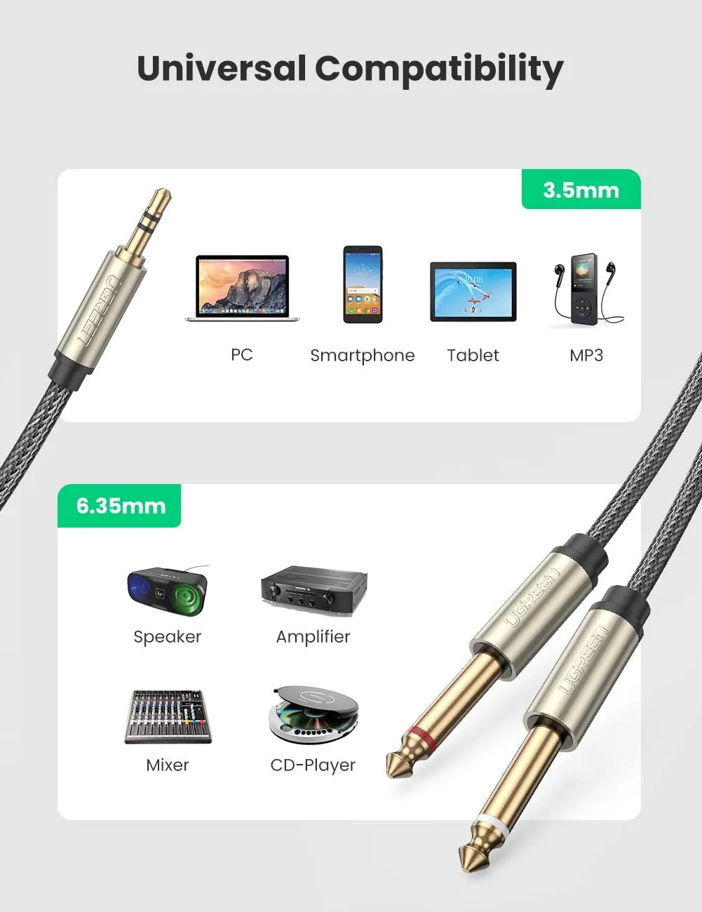 Ugreen AV126 3.5Mm Trs To Dual 6.35Mm Ts Audio Cable 1M overview 1