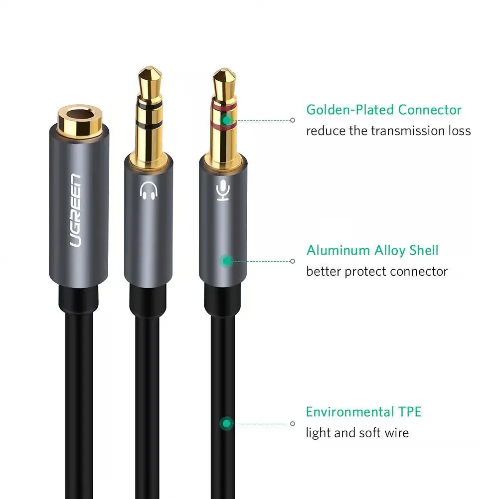 Ugreen AV140 3.5mm Female to 2 Male Audio Cable Aluminum Case (Black 20899) overview 2