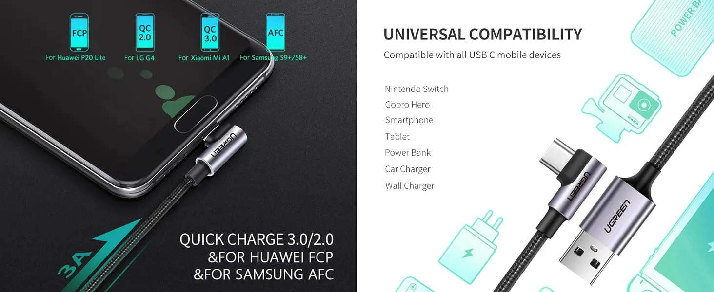 Ugreen US284 50941 Right Angle USB-A to USB-C 3A Cable 1m (Gray) overview 3