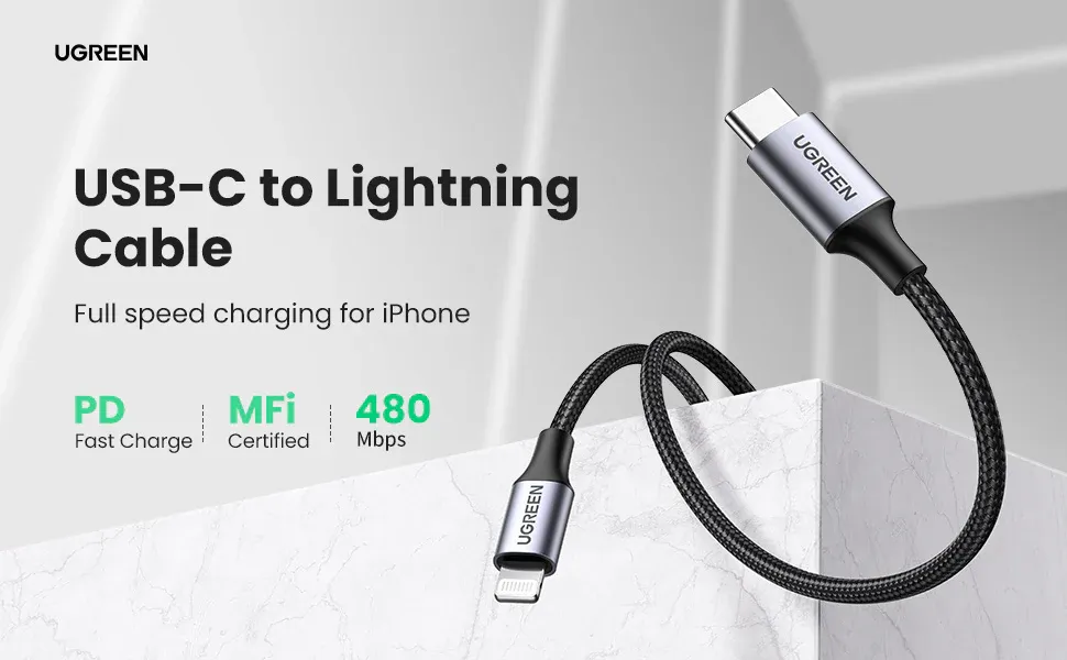 Ugreen USB C to Lightning Cable - MFi Nylon Braided Fast Charging Cable With Power Delivery For Tablet, Personal Computer, Laptop, Smartphone - (Space Gray, 3.3 Feet, 1 Metres) overview 1