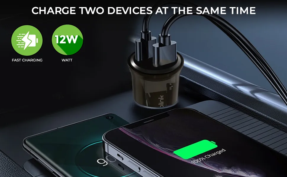 UltraProlink 12W-2.4A Fast Car Charger with Dual USB Ports|Made in India|with USB A-Type C Cable 1m|Mach12|UM1197C (Black) overview 2