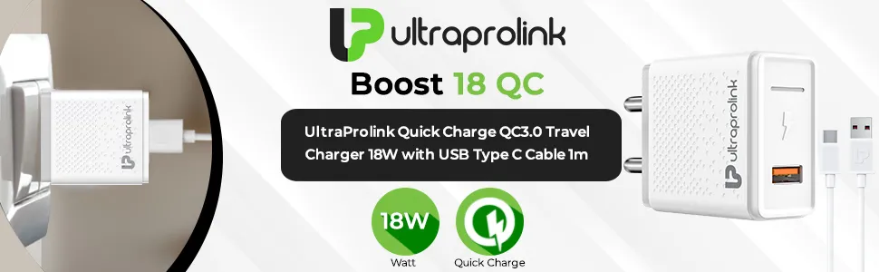 UltraProlink 18W Fast Mobile Charger| | USB Fast Charging | for Redmi, Realme, Galaxy & Xiaomi with 1m Type C Cable | White | Boost QC | UM1110QC-C overview 1